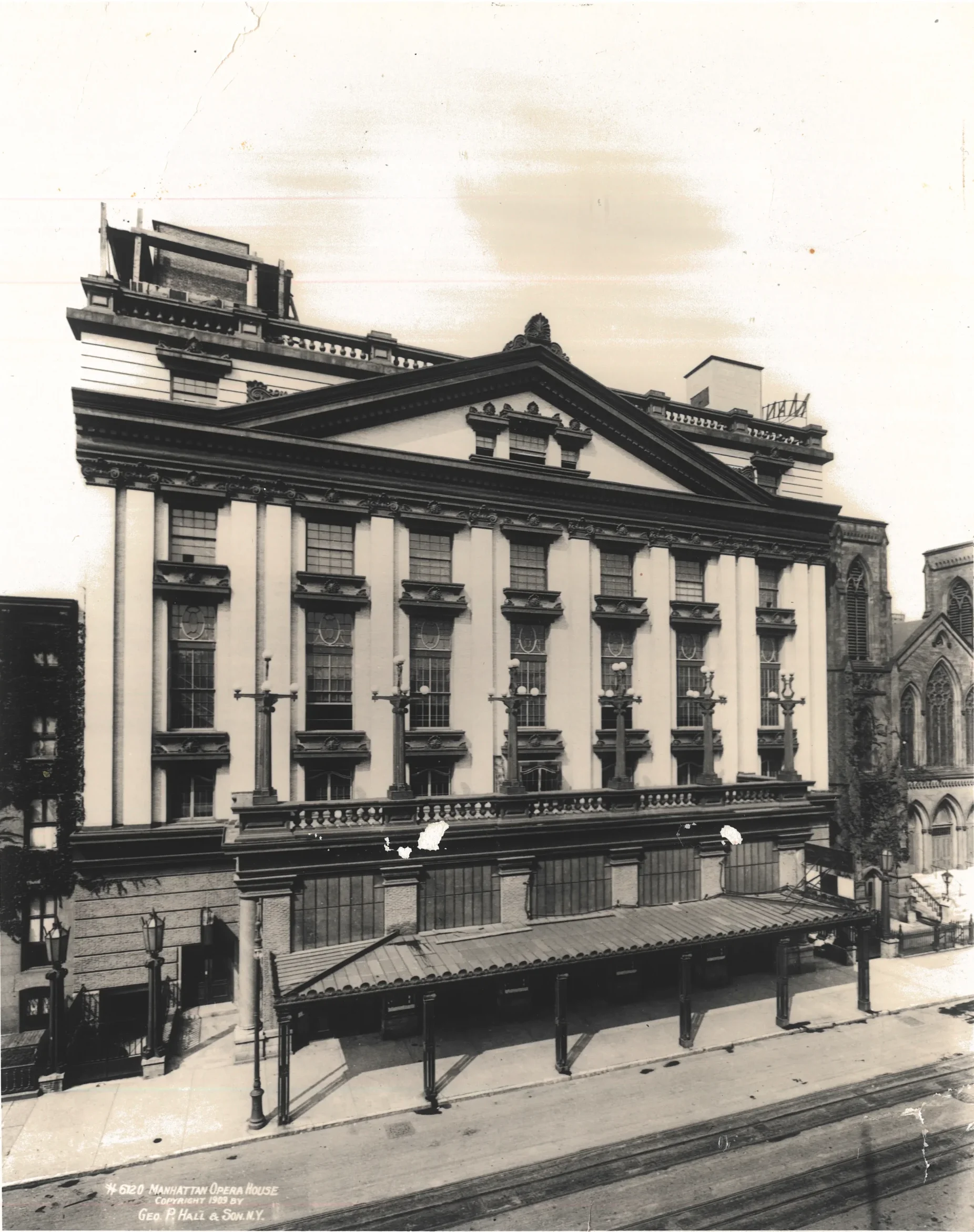 Historic 1909 black-and-white photo of the Manhattan Center grand facade